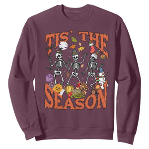 Funny HalloThankMas Sweatshirt Tis The Season Halloween Thanksgiving Christmas Skeleton TS11 Maroon Print Your Wear