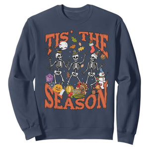 Funny HalloThankMas Sweatshirt Tis The Season Halloween Thanksgiving Christmas Skeleton TS11 Navy Print Your Wear