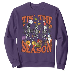 Funny HalloThankMas Sweatshirt Tis The Season Halloween Thanksgiving Christmas Skeleton TS11 Purple Print Your Wear