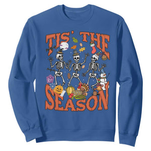 Funny HalloThankMas Sweatshirt Tis The Season Halloween Thanksgiving Christmas Skeleton TS11 Royal Blue Print Your Wear