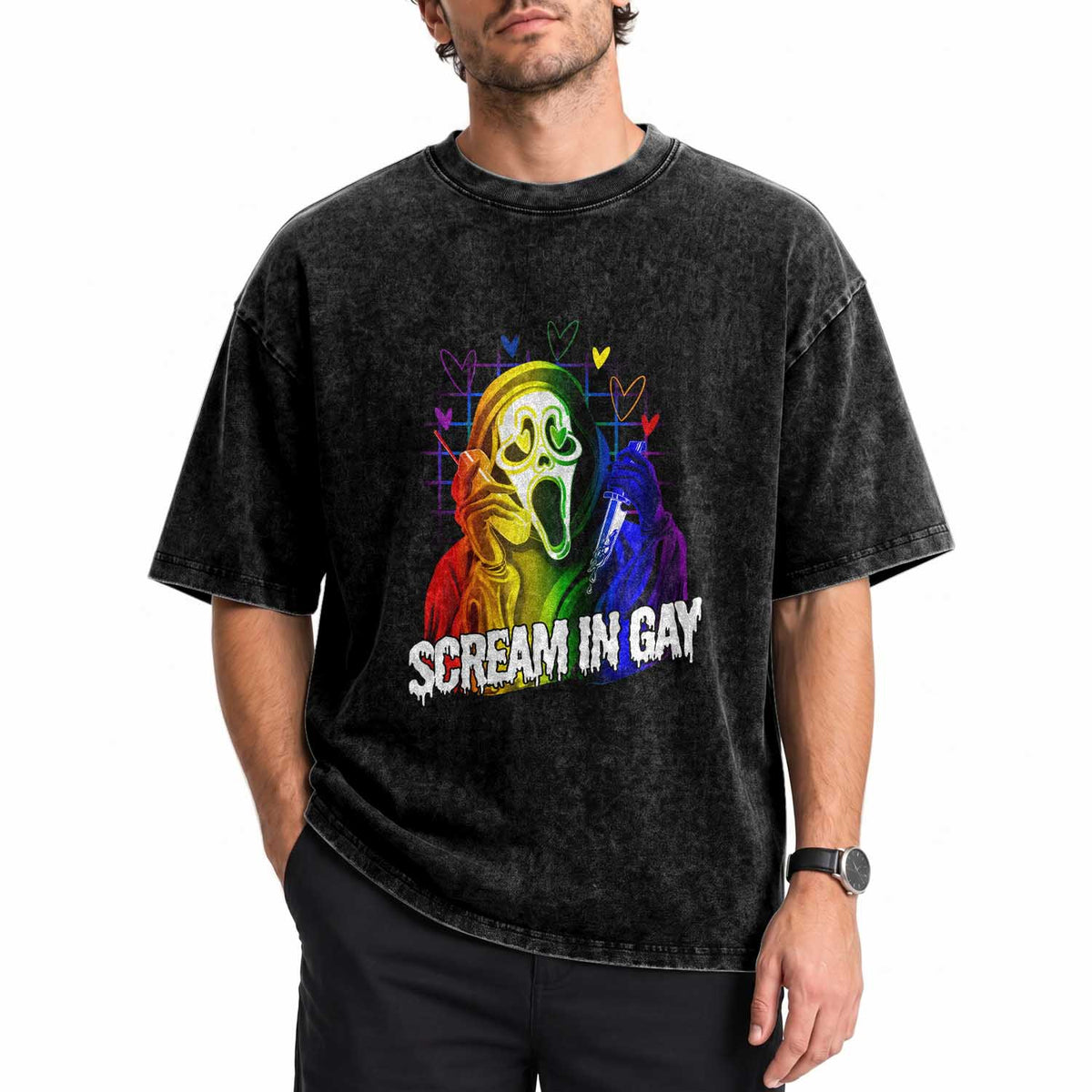 Halloween LGBT Washed Cotton T-Shirt Scream In Gay Ghost Murderer Rainbow