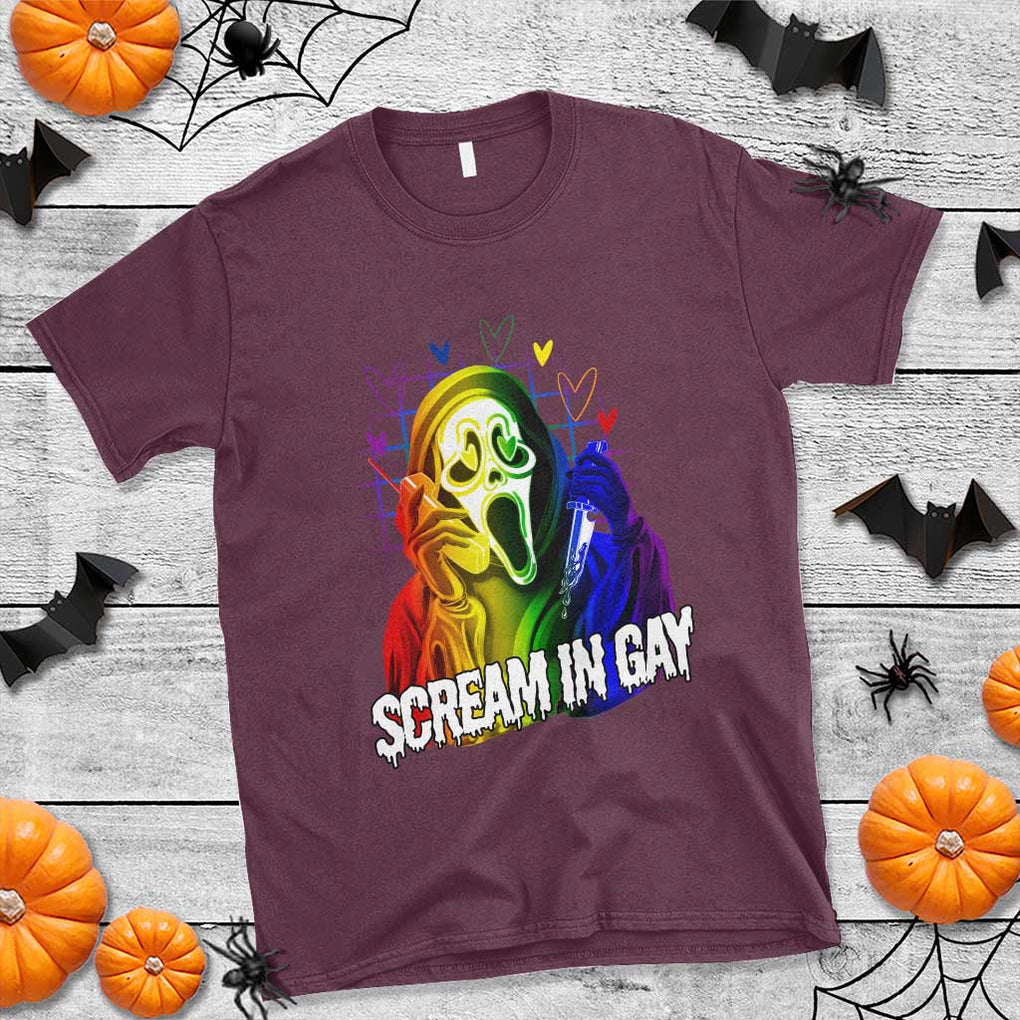 Halloween LGBT T Shirt Scream In Gay Ghost Murderer Rainbow TS11 Maroon Print Your Wear