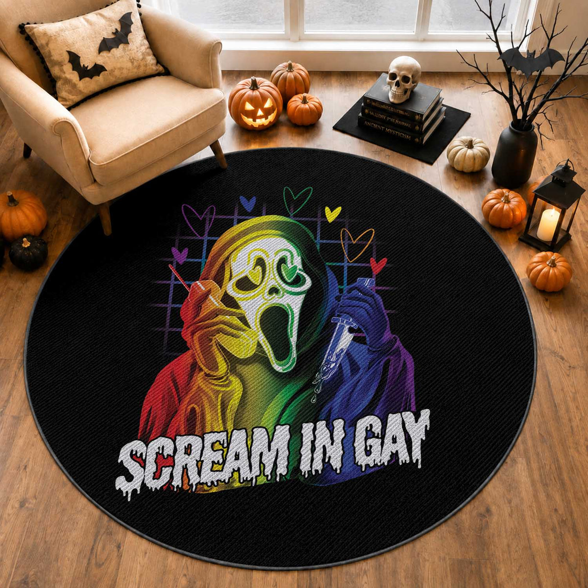Halloween LGBT Round Rug Scream In Gay Ghost Murderer Rainbow