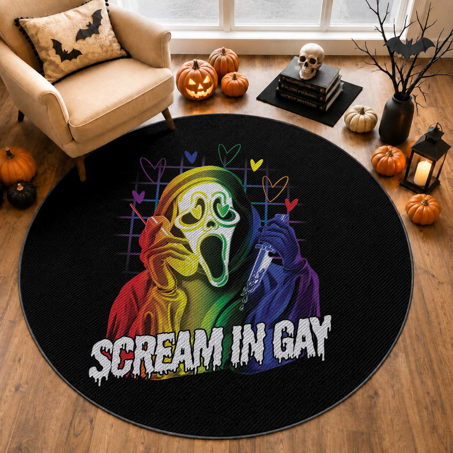 Halloween LGBT Round Rug Scream In Gay Ghost Murderer Rainbow