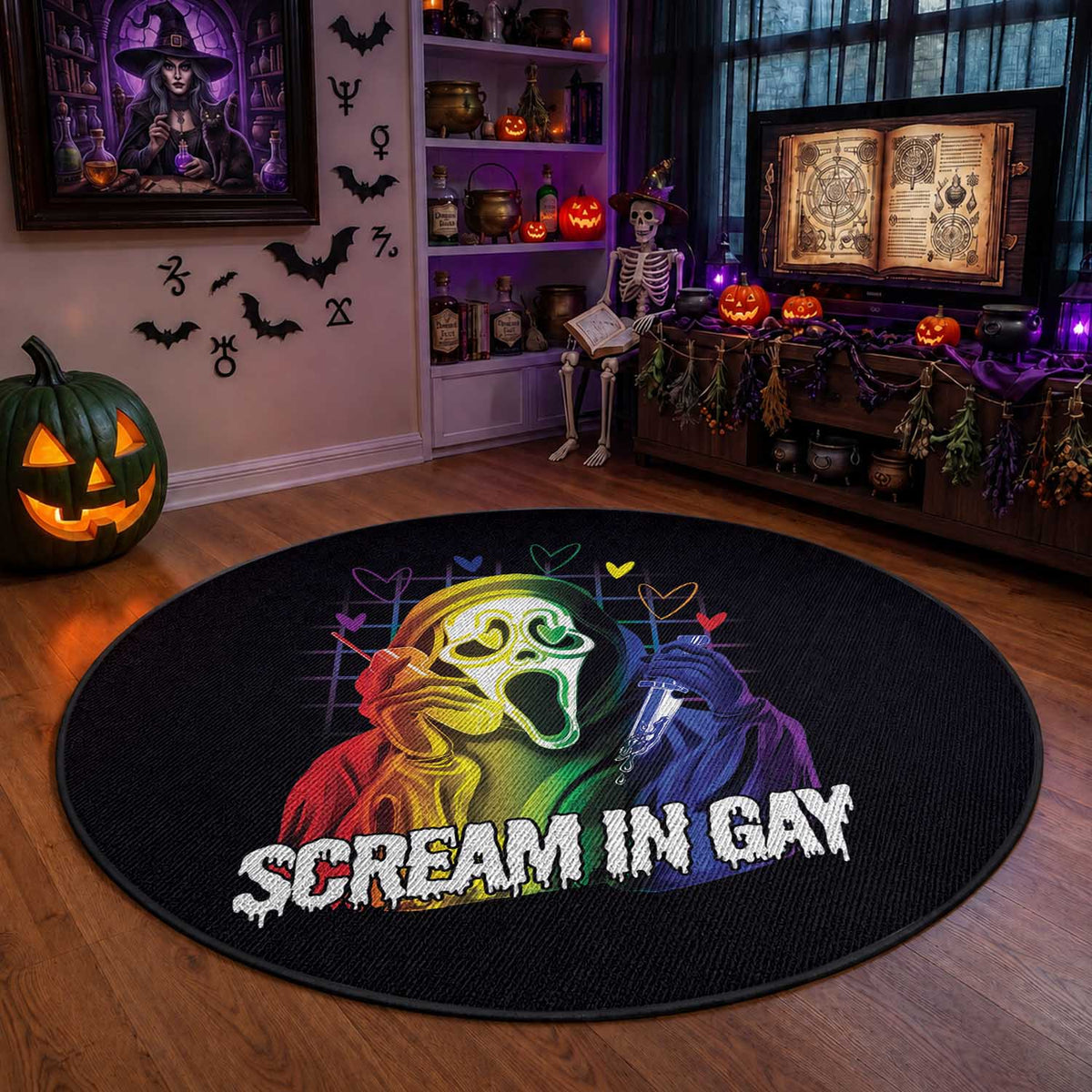 Halloween LGBT Round Rug Scream In Gay Ghost Murderer Rainbow