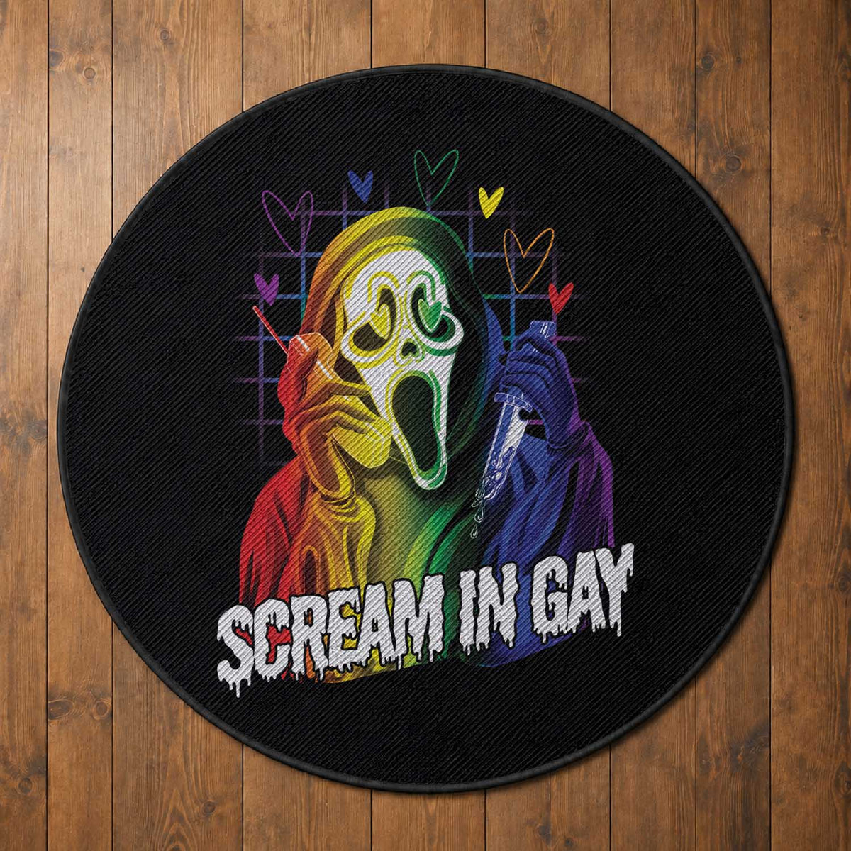 Halloween LGBT Round Rug Scream In Gay Ghost Murderer Rainbow
