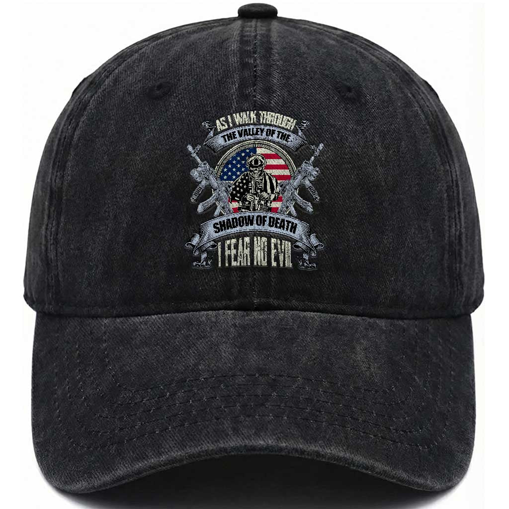 US Veterans Washed Cotton Baseball Cap As I Walk Through The Valley Of The Shadow Of Death I Fear No Evil TS11 Washed Cap Universal Fit Black Print Your Wear