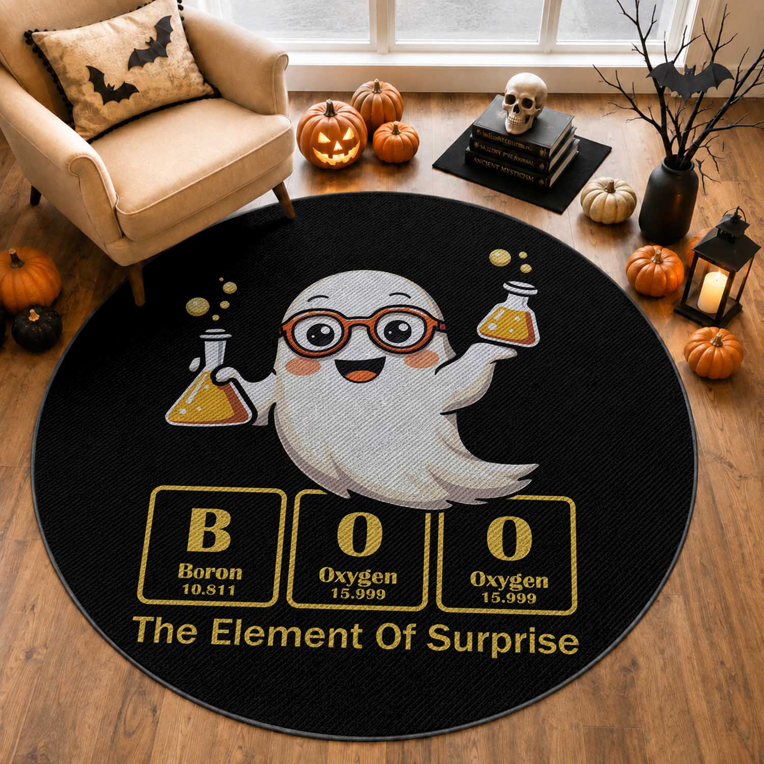 Halloween Chemistry Round Rug Boo The Element Of Surprise Ghost Nerd