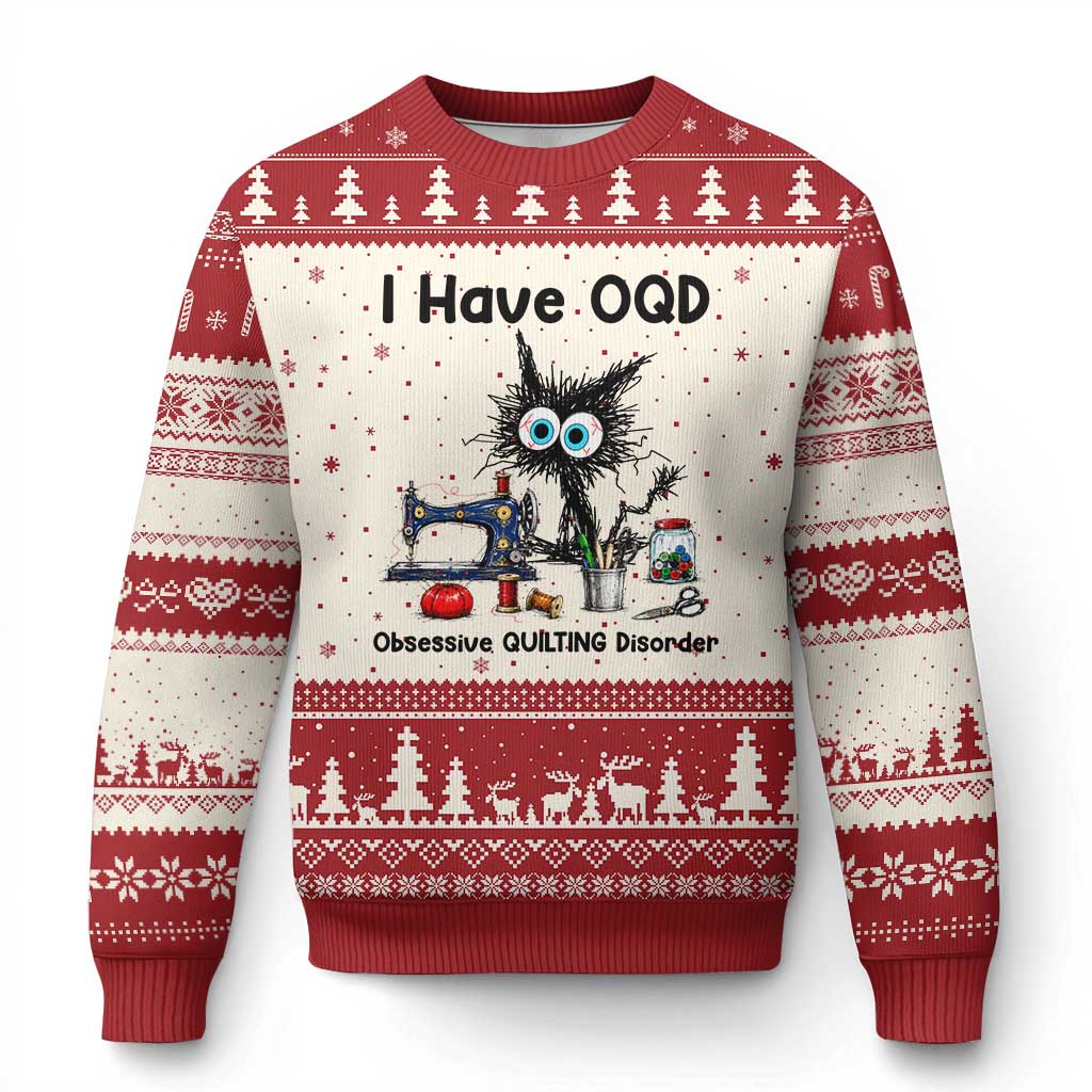 Funny Sewing Quilting Cat Ugly Christmas Sweater I Have OQD Obsessive Quilting Disorder