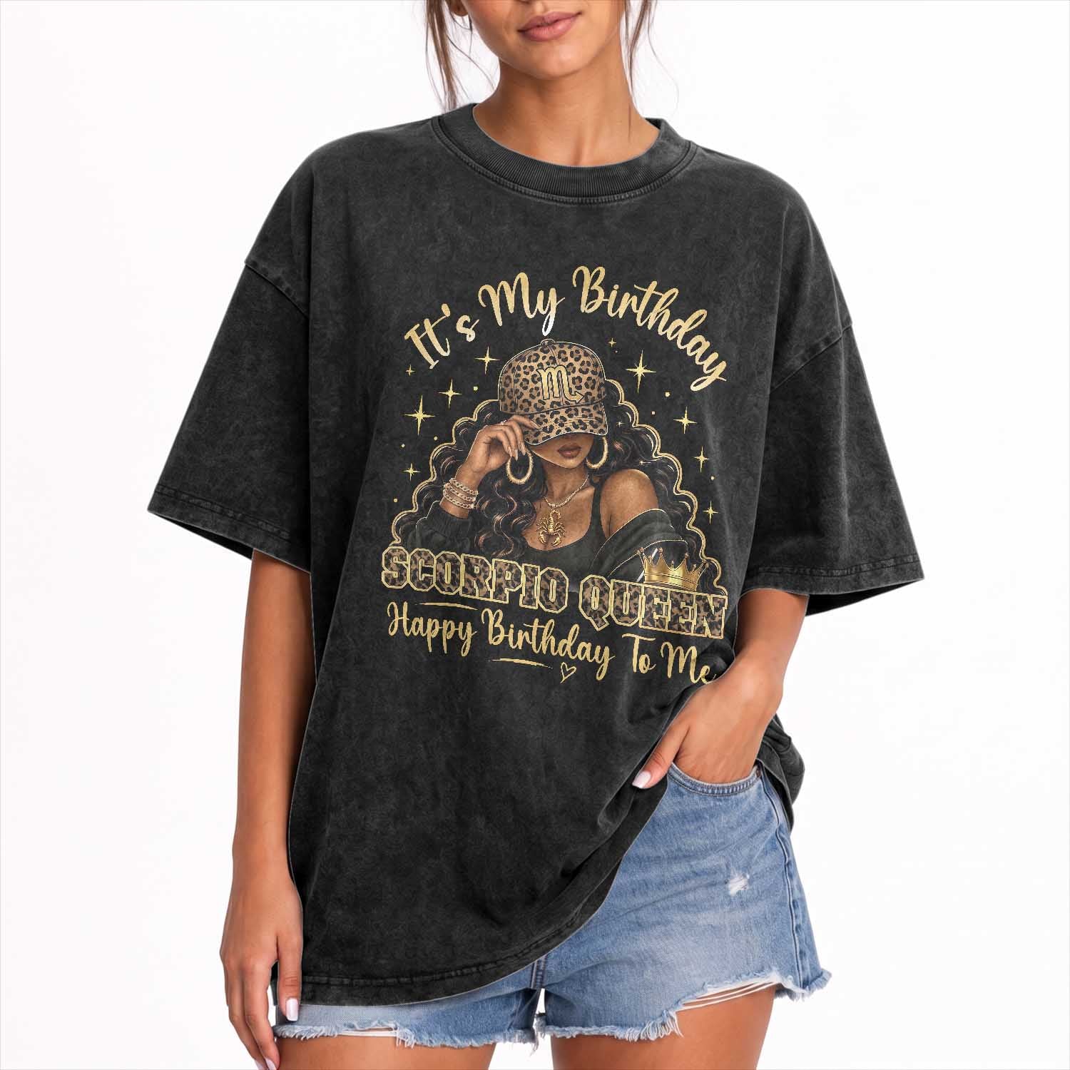 It Is My Birthday Scorpio Queen Washed Cotton T-Shirt Happy Birthday to Me Black Woman Camo Zodiac