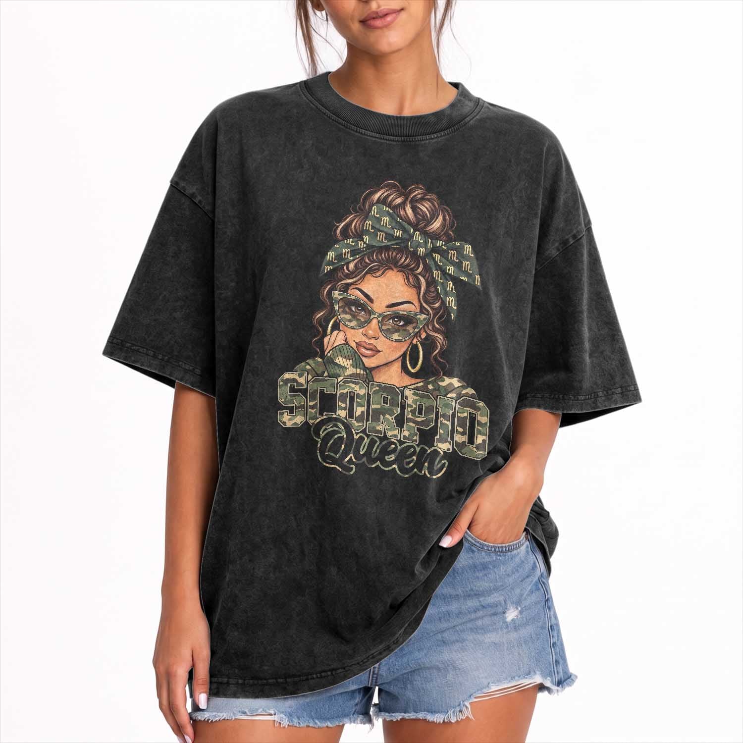 Scorpio Queen Washed Cotton T-Shirt November Birthdays Camo Zodiac Astrology Horoscope Gift
