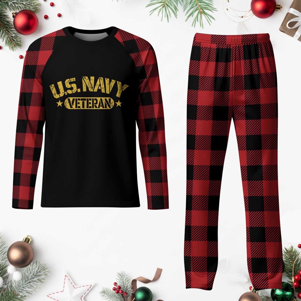 US Navy Veteran Plaid Pajama Set Retired Military Distressed Yellow Stencil Stars Graphic