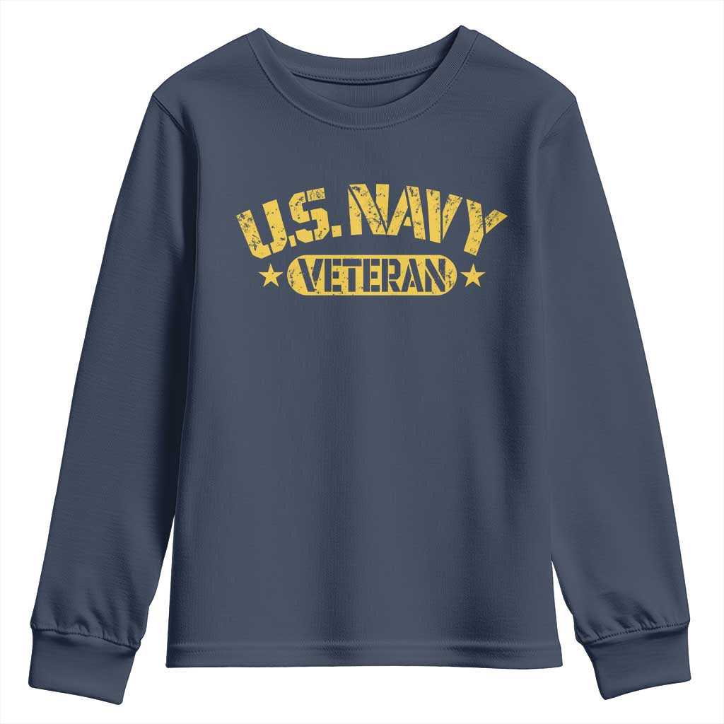 US Navy Veteran Youth Sweatshirt Retired Military Distressed Yellow Stencil Stars Graphic