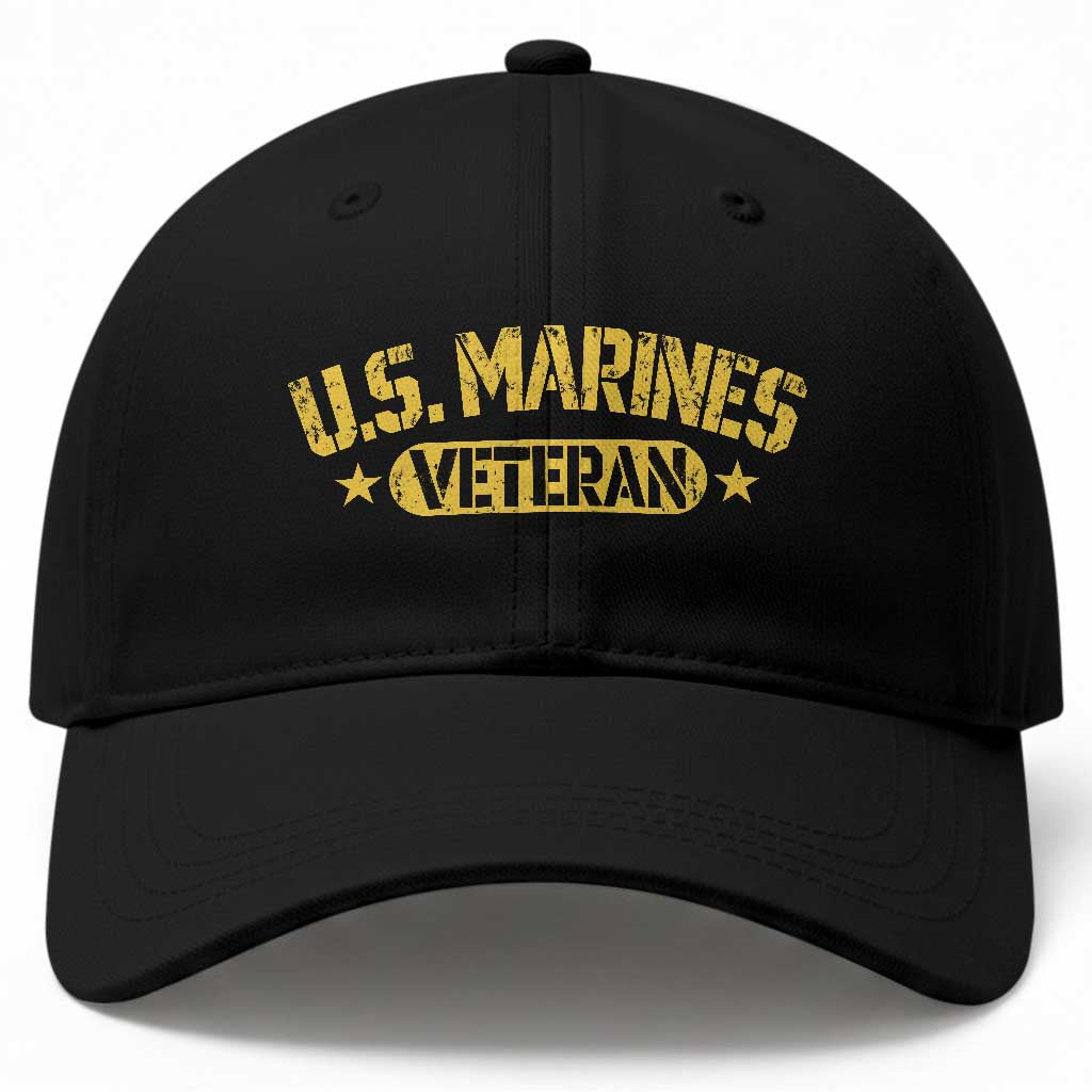 US Marines Veteran Baseball Cap Retired Military Distressed Yellow Stencil Stars Graphic