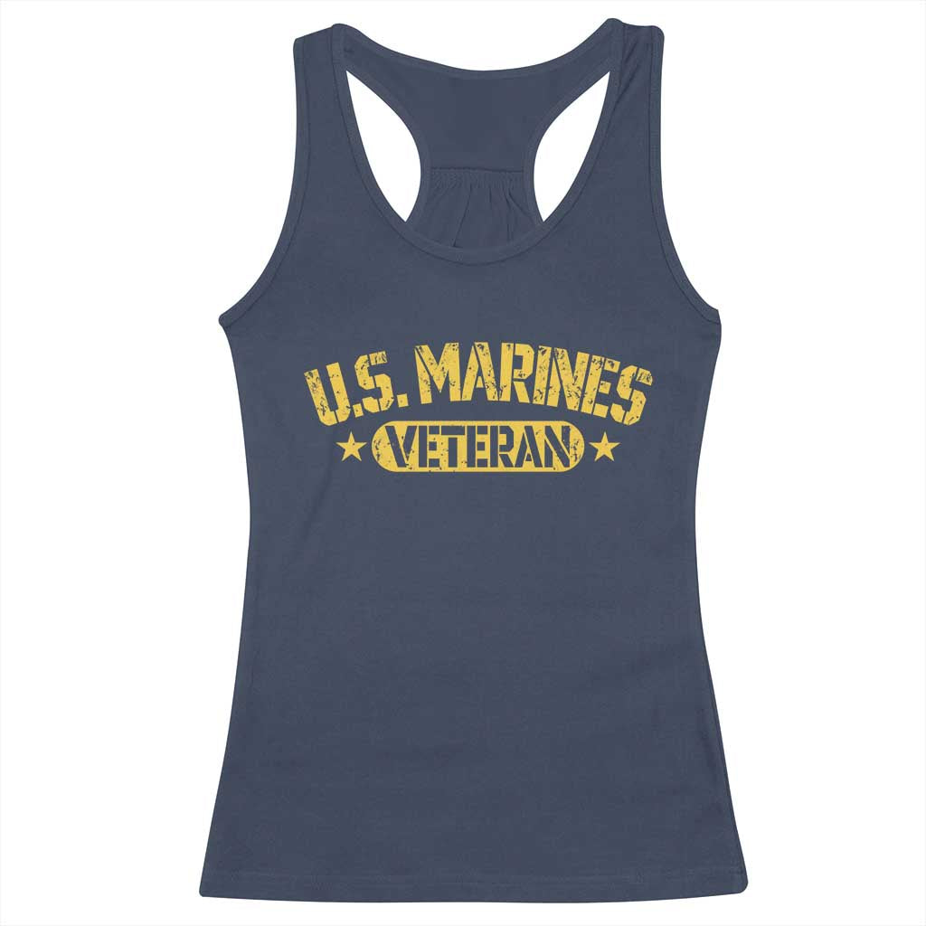 US Marines Veteran Racerback Tank Top Retired Military Distressed Yellow Stencil Stars Graphic