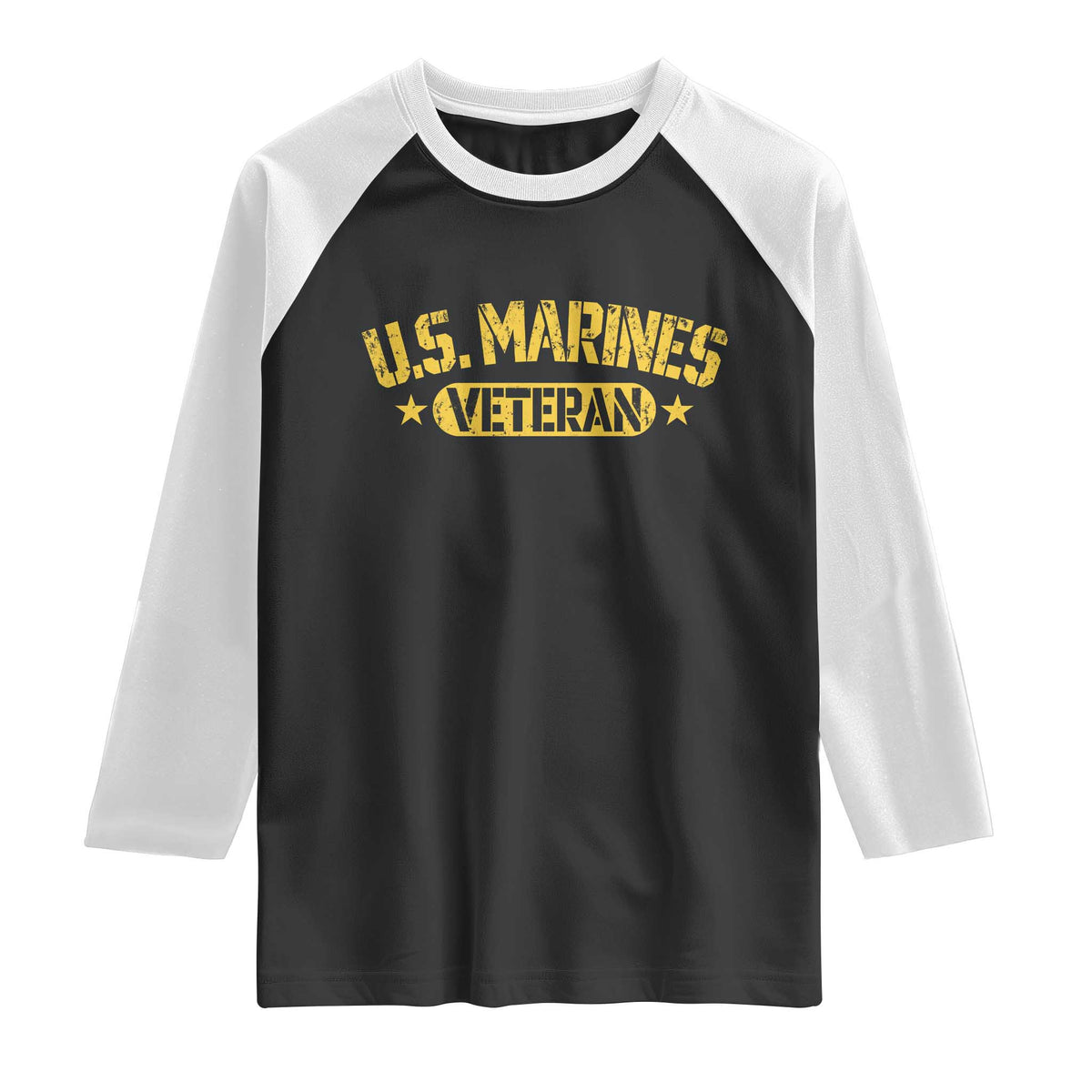 US Marines Veteran Raglan Shirt Retired Military Distressed Yellow Stencil Stars Graphic