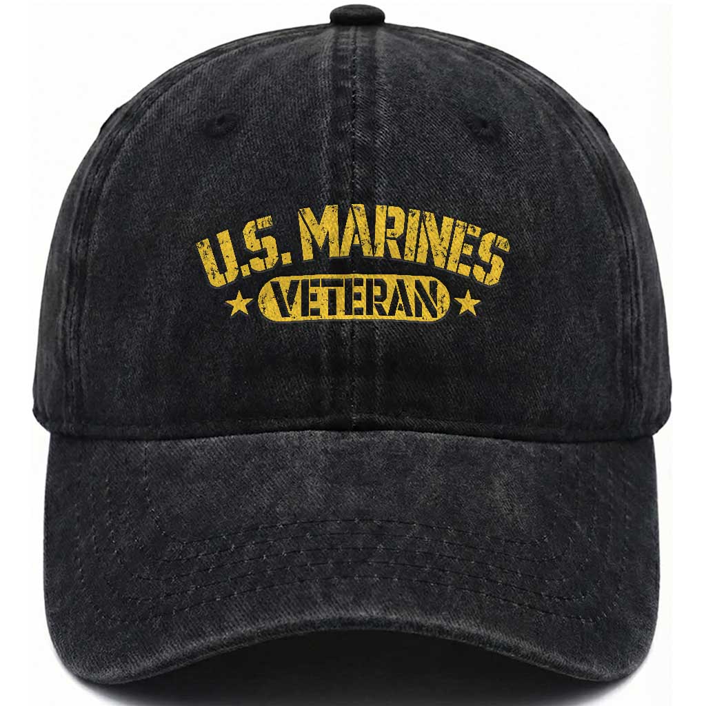US Marines Veteran Washed Cotton Baseball Cap Retired Military Distressed Yellow Stencil Stars Graphic