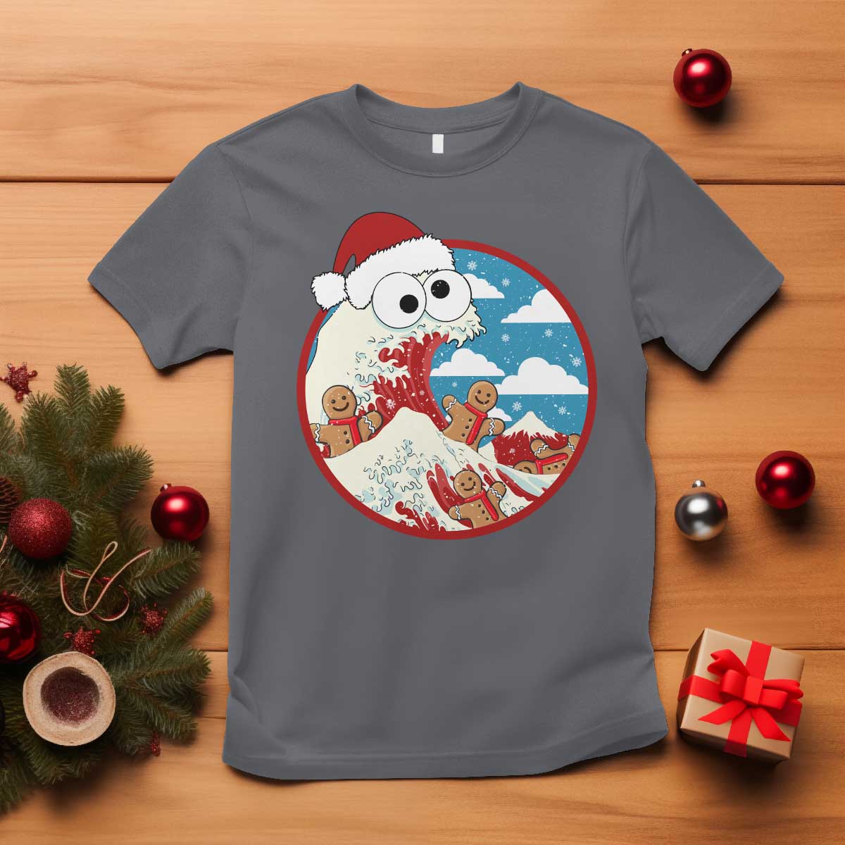 Funny Christmas T Shirt Santa Tsunami Is Eating Ginger Bread Xmas TS11 Charcoal Print Your Wear