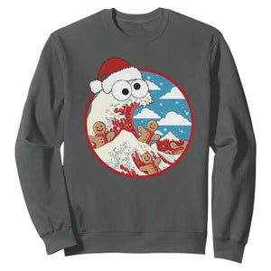 Funny Christmas Sweatshirt Santa Tsunami Is Eating Ginger Bread Xmas TS11 Dark Heather Print Your Wear