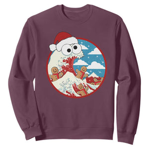 Funny Christmas Sweatshirt Santa Tsunami Is Eating Ginger Bread Xmas TS11 Maroon Print Your Wear