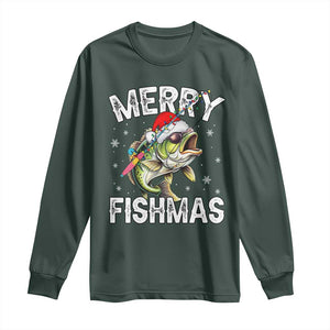 Funny Christmas Fishing Long Sleeve Shirt Merry Fishmas Bass Fish Rod TS11 Dark Forest Green Print Your Wear