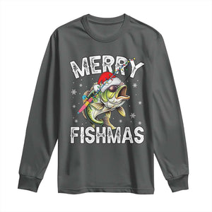 Funny Christmas Fishing Long Sleeve Shirt Merry Fishmas Bass Fish Rod TS11 Dark Heather Print Your Wear