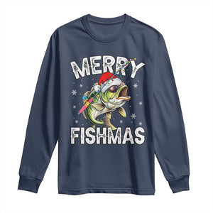 Funny Christmas Fishing Long Sleeve Shirt Merry Fishmas Bass Fish Rod TS11 Navy Print Your Wear