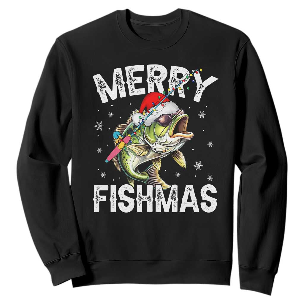 Funny Christmas Fishing Sweatshirt Merry Fishmas Bass Fish Rod TS11 Black Print Your Wear