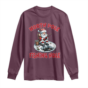 Funny Christmas Fishing Long Sleeve Shirt North Pole Fishing Hole Cute Santa TS11 Maroon Print Your Wear