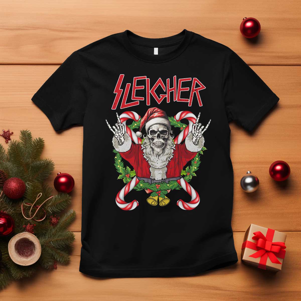 Christmas Heavy Metal T Shirt Sleigher Skeleton Santa Xmas Wreath TS11 Black Print Your Wear