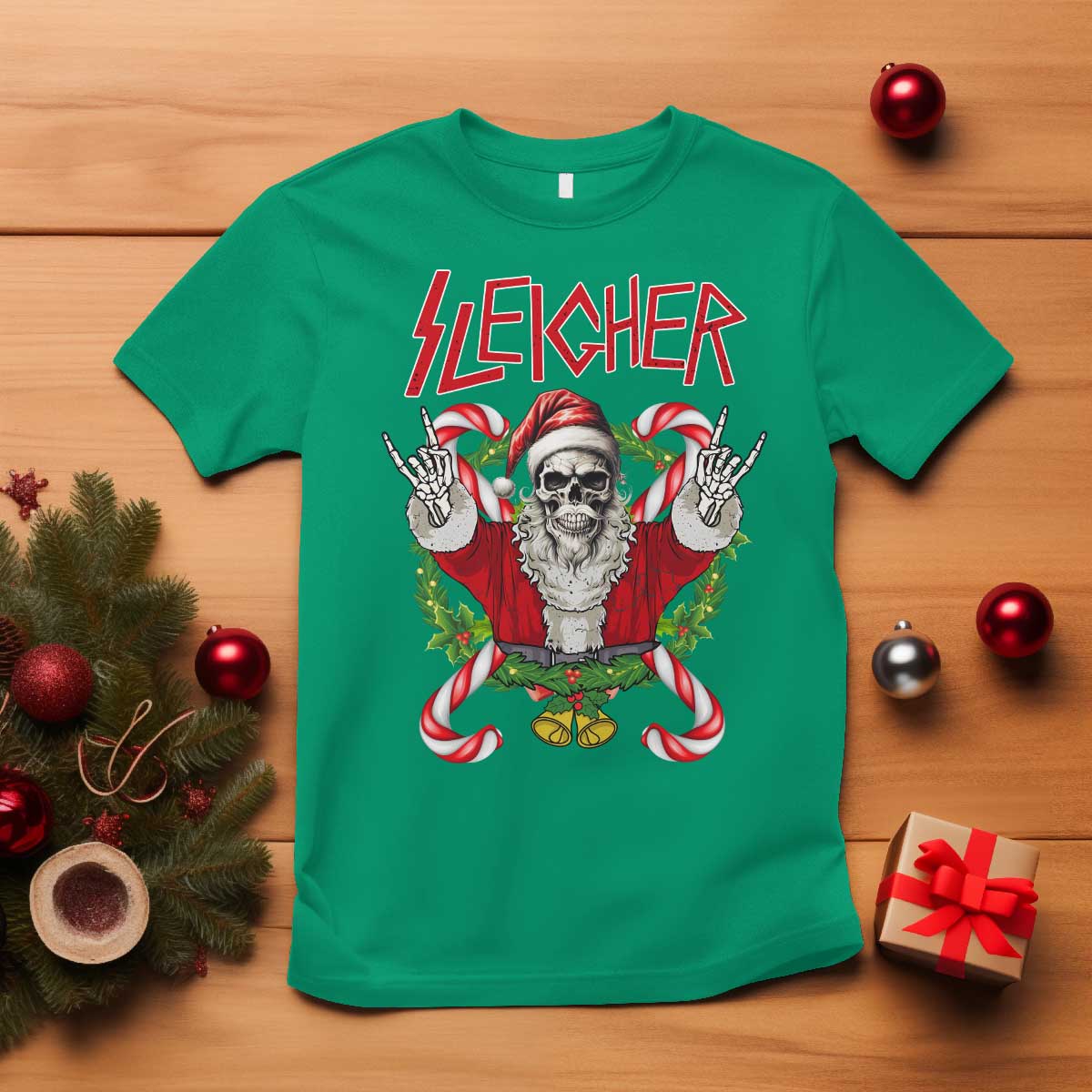 Christmas Heavy Metal T Shirt Sleigher Skeleton Santa Xmas Wreath TS11 Irish Green Print Your Wear