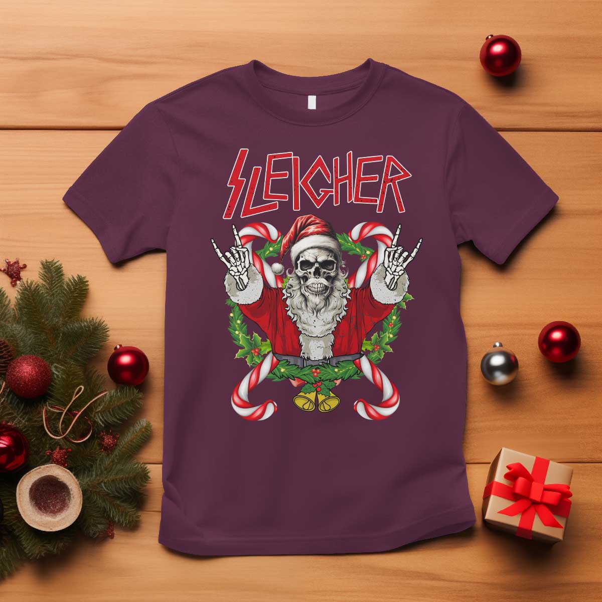 Christmas Heavy Metal T Shirt Sleigher Skeleton Santa Xmas Wreath TS11 Maroon Print Your Wear