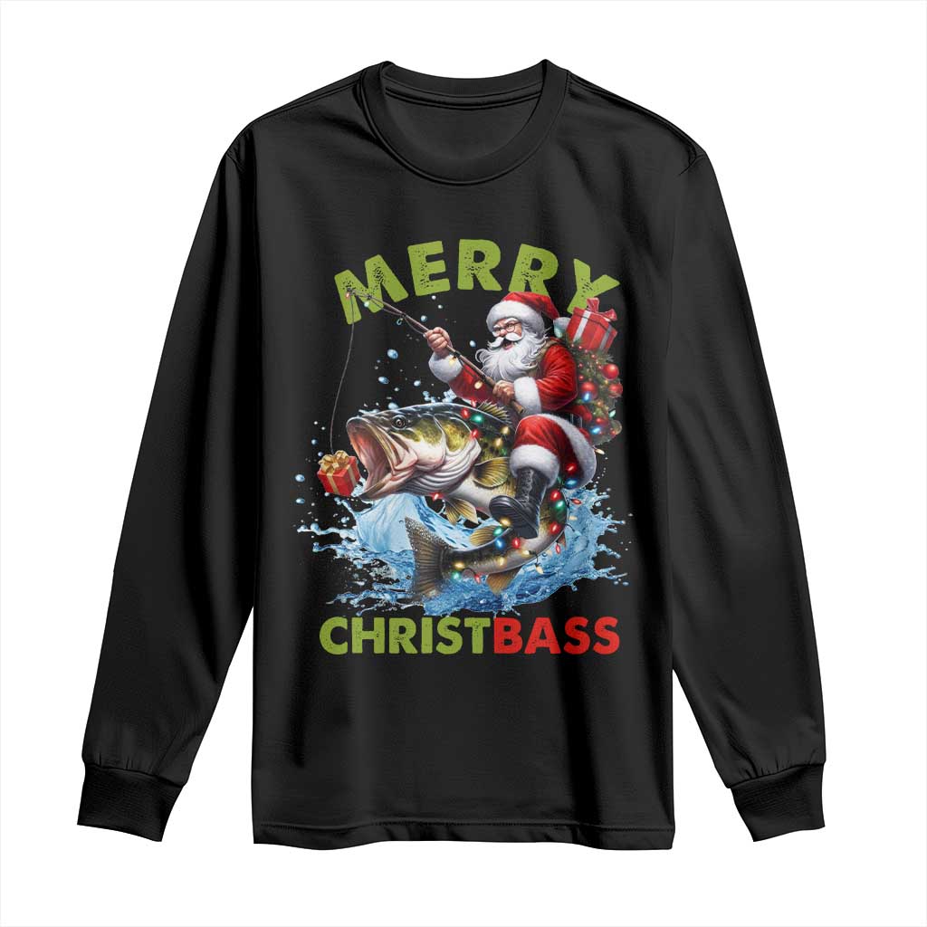 Funny Christmas Fishing Long Sleeve Shirt Merry Christbass Santa Xmas Tree TS11 Black Print Your Wear