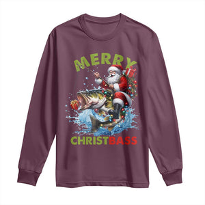 Funny Christmas Fishing Long Sleeve Shirt Merry Christbass Santa Xmas Tree TS11 Maroon Print Your Wear