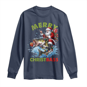 Funny Christmas Fishing Long Sleeve Shirt Merry Christbass Santa Xmas Tree TS11 Navy Print Your Wear