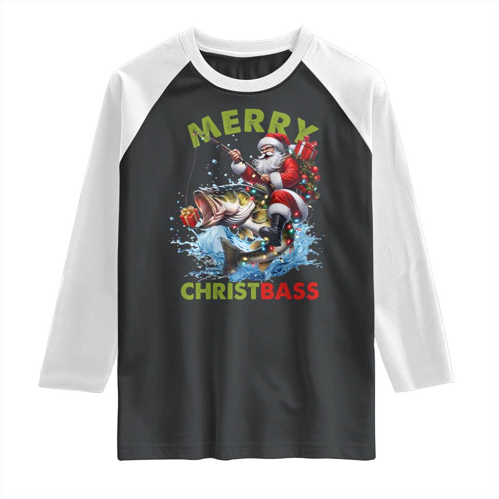Funny Christmas Fishing Raglan Shirt Merry Christbass Santa Xmas Tree TS11 Black White Print Your Wear