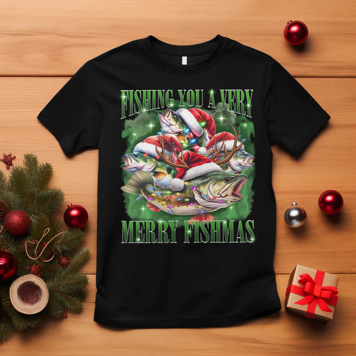 Funny Fishing Christmas T Shirt Fishing You A Very Merry Fishmas Santa Hat TS11 Black Print Your Wear