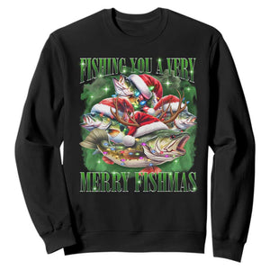 Funny Fishing Christmas Sweatshirt Fishing You A Very Merry Fishmas Santa Hat TS11 Black Print Your Wear