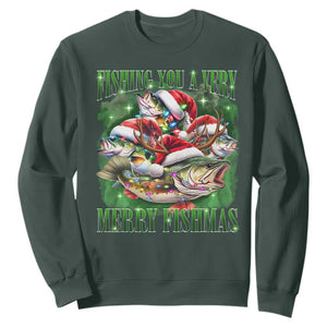 Funny Fishing Christmas Sweatshirt Fishing You A Very Merry Fishmas Santa Hat TS11 Dark Forest Green Print Your Wear