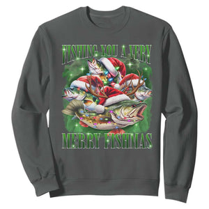 Funny Fishing Christmas Sweatshirt Fishing You A Very Merry Fishmas Santa Hat TS11 Dark Heather Print Your Wear