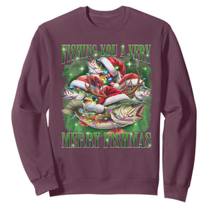 Funny Fishing Christmas Sweatshirt Fishing You A Very Merry Fishmas Santa Hat TS11 Maroon Print Your Wear