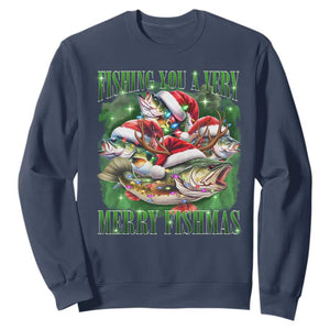 Funny Fishing Christmas Sweatshirt Fishing You A Very Merry Fishmas Santa Hat TS11 Navy Print Your Wear