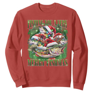 Funny Fishing Christmas Sweatshirt Fishing You A Very Merry Fishmas Santa Hat TS11 Red Print Your Wear