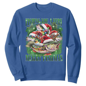 Funny Fishing Christmas Sweatshirt Fishing You A Very Merry Fishmas Santa Hat TS11 Royal Blue Print Your Wear