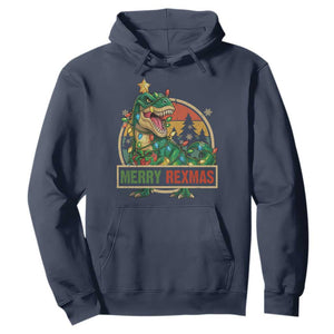 Funny Christmas Dinosaur Hoodie Merry Rexmas Dino Xmas Tree TS11 Navy Print Your Wear