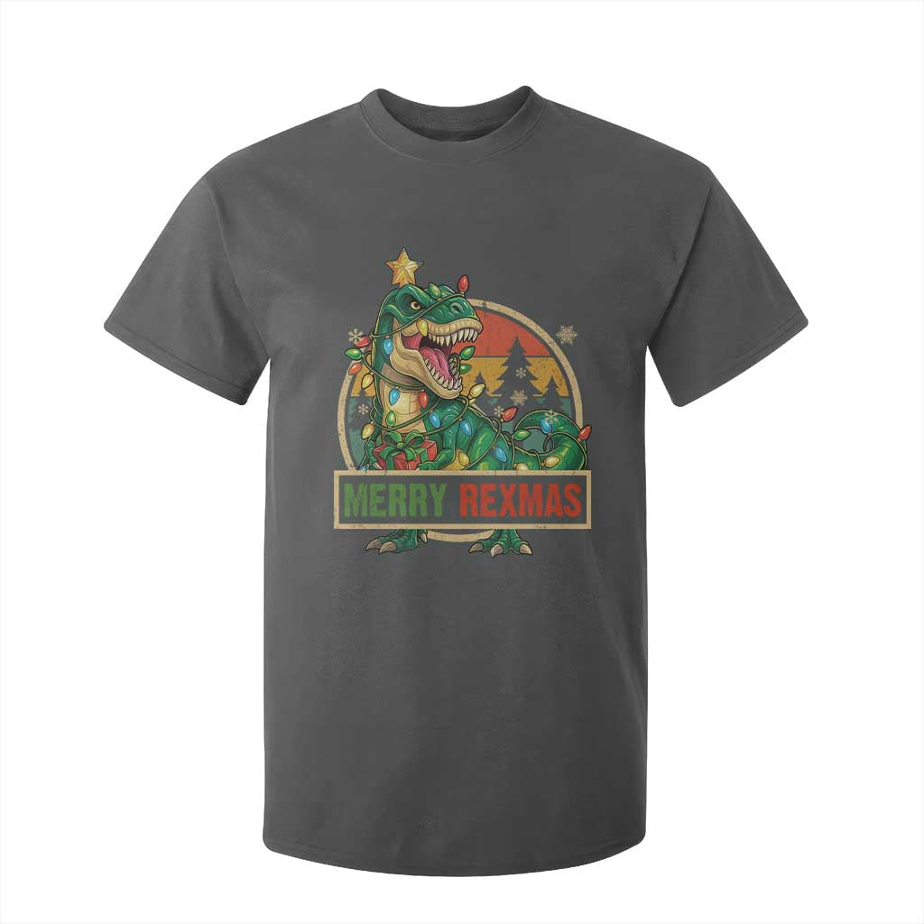 Funny Christmas Dinosaur T Shirt For Kid Merry Rexmas Dino Xmas Tree TS11 Dark Heather Print Your Wear