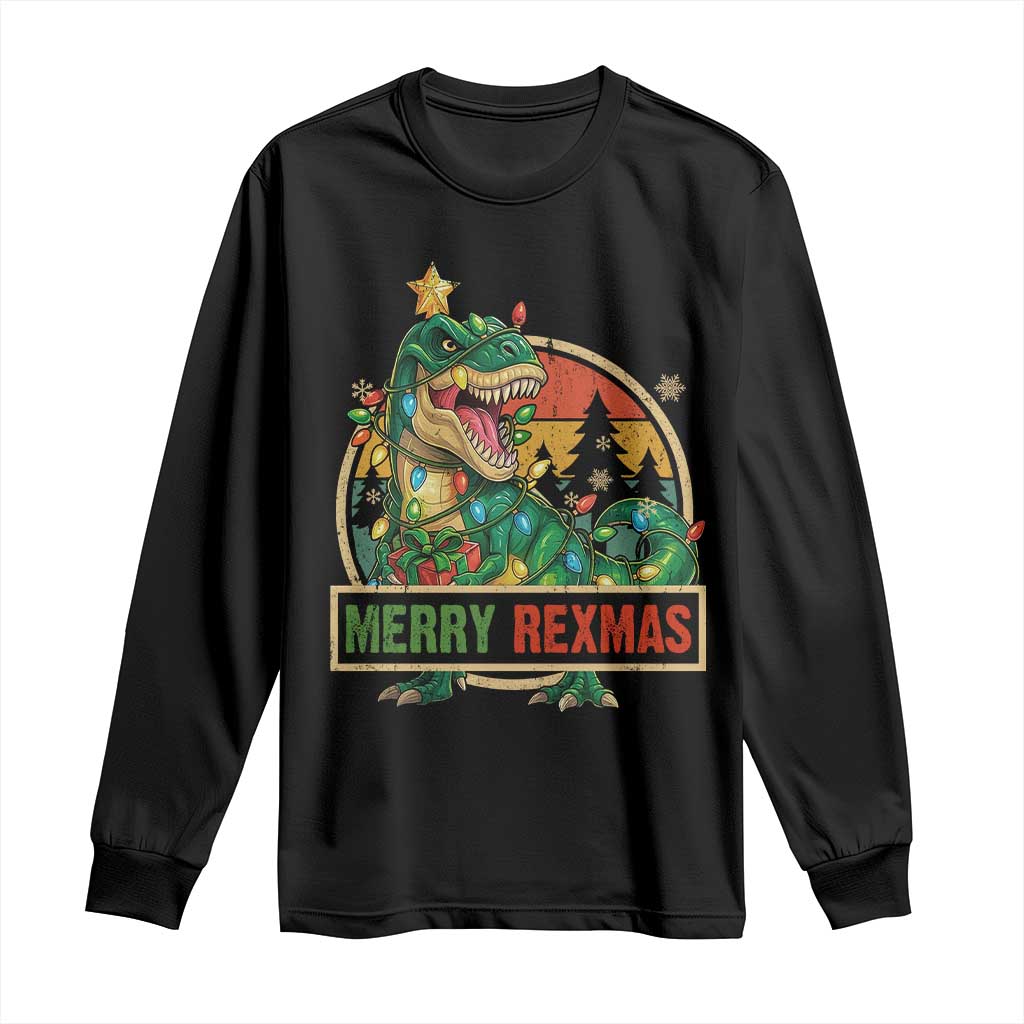 Funny Christmas Dinosaur Long Sleeve Shirt Merry Rexmas Dino Xmas Tree TS11 Black Print Your Wear