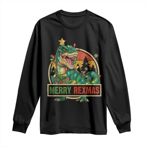 Funny Christmas Dinosaur Long Sleeve Shirt Merry Rexmas Dino Xmas Tree TS11 Black Print Your Wear