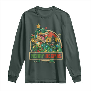 Funny Christmas Dinosaur Long Sleeve Shirt Merry Rexmas Dino Xmas Tree TS11 Dark Forest Green Print Your Wear