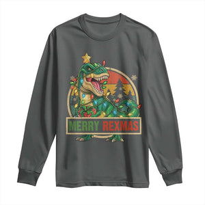 Funny Christmas Dinosaur Long Sleeve Shirt Merry Rexmas Dino Xmas Tree TS11 Dark Heather Print Your Wear